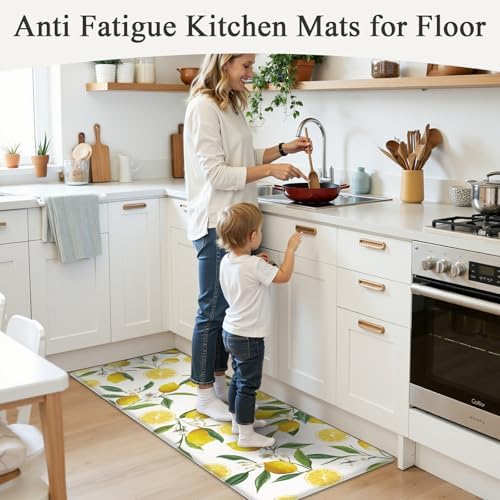SHACOS Anti Fatigue Lemon Kitchen Rug Runner 17"x47" Kitchen Mats for Floor Non Slip Soft Cushioned Standing Mat Wipeable Waterproof Floor Mat, White