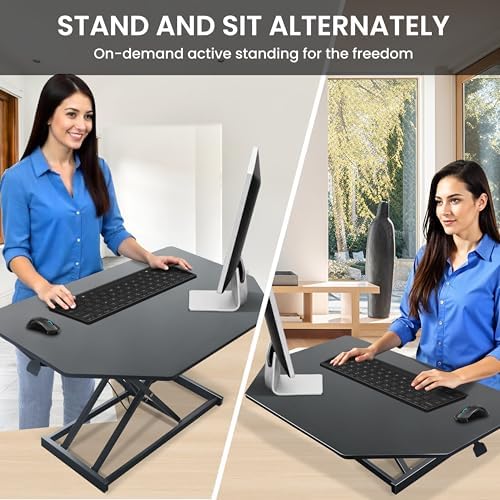 Aconcept 32 inch Black Corner Height Adjustable Standing Desk Converter, One-Click Sit to Stand up Desk Riser, Pre-Assembled for Dual Monitor and Laptop Workstation
