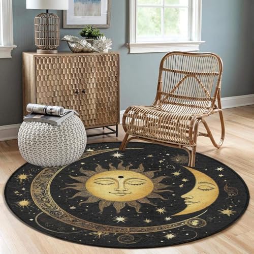Large Home Decor Mat, Soft Round Yoga Carpet, Non-Slip Machine Washable Home Office Circle Rug Compatible with Boho Gold Sun Crescent Moon Star