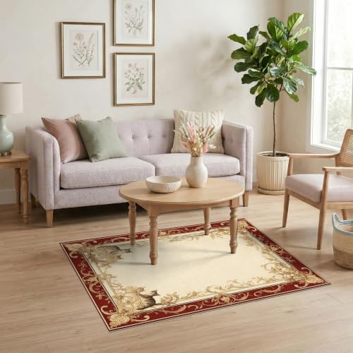 4'x6' Ivory Cat Crimson Motif with Swirls Washable Area Rug