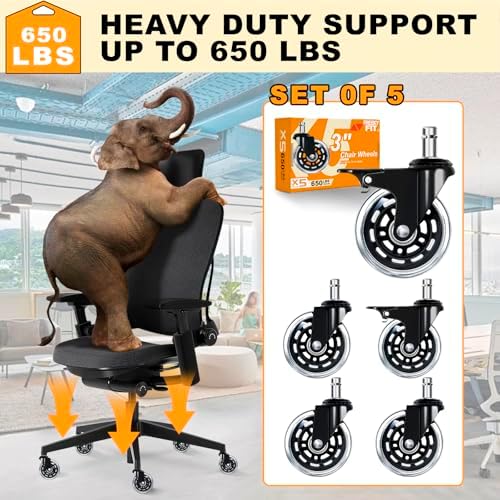 Office Chair Wheels for Casters Replacement - 3" Rubber Wheels for Computer Gaming Desk Caster Smooth & Safe Rolling for All Floors Hardwood and Carpet - Set of 5 - Clear