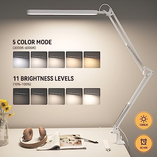 SKYLEO Led Desk Lamp - 31.5" Desk Light - 5 Color Modes X 11 Brightness Levels - Adjustable Swing Arm - Timmer & Memory Function - 12W Study Lamp - White