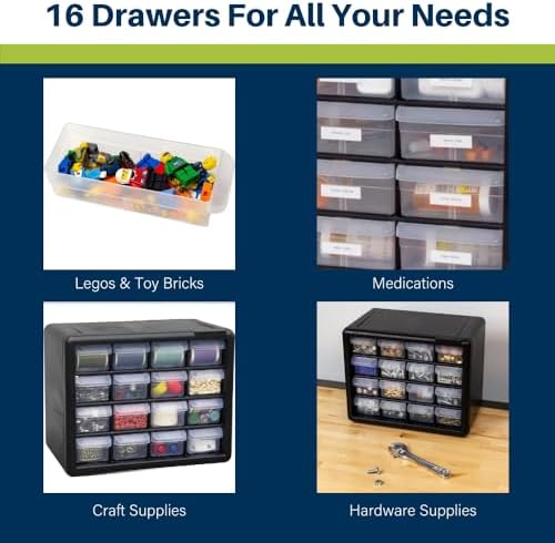 Akro-Mils 16-Drawer Plastic Storage Cabinet | 10-1/2 x 6-1/2 x 8-1/2 Inch | Black | Model 10116 | Garage Organization