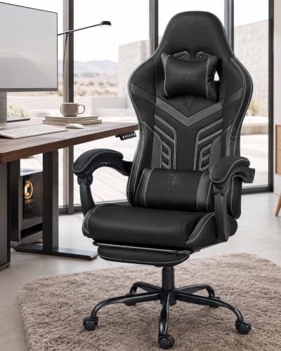 Ergonomic Gaming Chair with Footrest for Adults, Leather Mesh Black