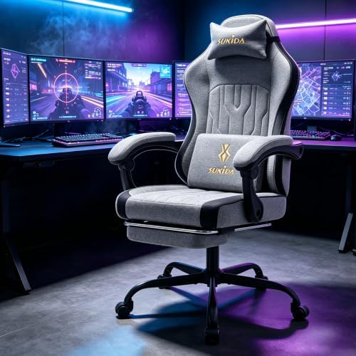 SUKIDA Computer Gaming Chair - Fabric Video Game Chairs with Footrest and Lumbar Support Swivel Comfy Linkage Armrests Gamer Chairs Home Desk Chair for Adults, Grey&Black