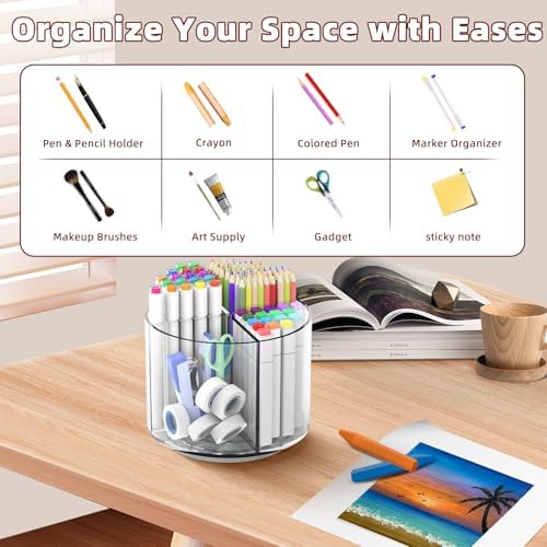 Absonic Pencil Holder for Kids, 360 Rotating Pen Holder for Desk Organizer and Storage, 4 Compartments Art Supply Marker Organizer, Pen Organizer Pencil Holder