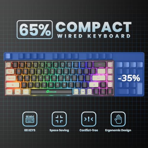GEODMAER 65% Gaming Keyboard, LED Backlit Mini Wired Gaming Keyboard, Ultra-Compact Anti-Ghosting No-Conflict 68 Keys Gaming Wired Keyboard for PC Laptop Gamer