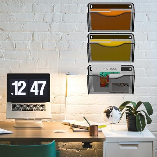 Gawerk 3 Pack Wall File Organizer, Mesh Wall File Pocket Mail Organizer Hanging Metal Vertical Wall Mounted File Holder for Office/Home