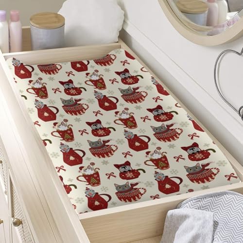 Cute Christmas Cat Bows Winter Holiday Snowflakes Pattern Baby Changing Pad Cover, Unisex Christmas Nursery Diaper Changing Table Pad Mat Sheet for Boys Girls-16x32