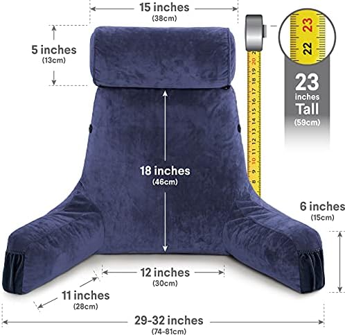 Husband Pillow Medium Reading Pillow with Arms - 23" Backrest for Sitting Up in Bed - Firm Support Bed Rest Pillow for Adults, Neck Roll, Removable Cover - TV, Reading, Lounging - Dark Blue