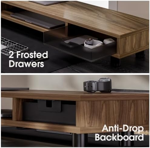 Fenge Dual Monitor Riser with 2 Drawers, 42.5in Long Desk Shelf, Brown