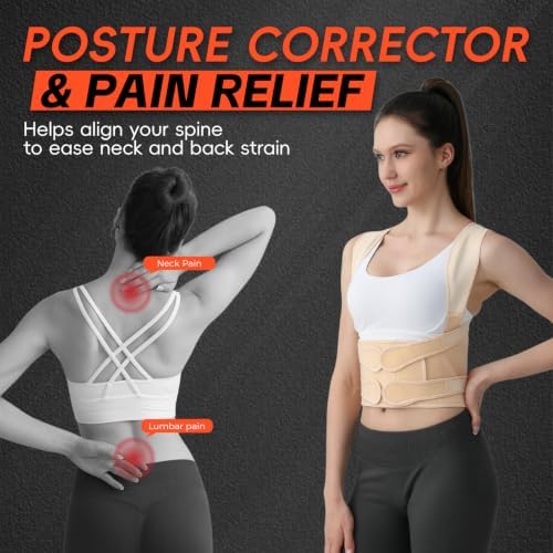 Posture Corrector for Women and Men Upgraded Back Brace, Adjustable Back Support for Upper and Lower Back Pain Relief, Shoulder Straightener for Hunchback, Thoracic, Scoliosis, Lumbar, Spine (Beige, S)