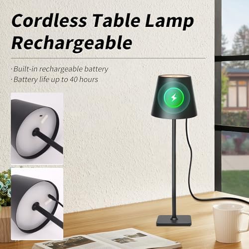 Mr. White Outdoor Waterproof Cordless Set of 2 Rechargeable Portable Top Touch Battery Operated Powered LED Table Lamp Desk Lamp Lights for Restaurant Kitchen Patio Dinner Dining (Black 2 Pack)