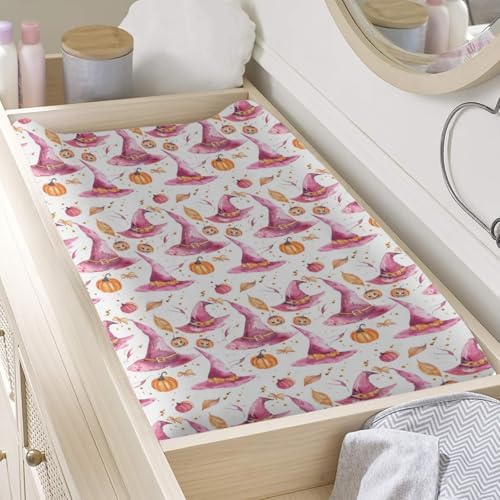 Watercolor Halloween Witch Hats Pumpkin Bows Leaves Pattern Baby Changing Pad Cover, Unisex Fall Winter Holiday Nursery Diaper Changing Table Pad Mat Sheet for Boys Girls-16x32