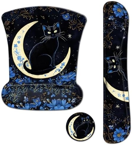 AIMSA Mouse Pad with Wrist Rest Set, Black Cat Wrist Support Mouse Pad Set, Ergonomic Mousepad with Anti-Slip Base, Memory Foam Keyboard Wrist Rest Cushion Pad