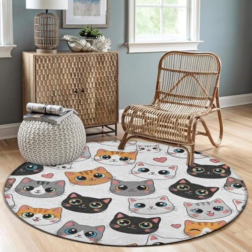 Fashion Round Area Rug Large Non Slip Carpet, Cute Cat Kitten Head Cartoon Cats Unisex Home Decor Mat, 60inch