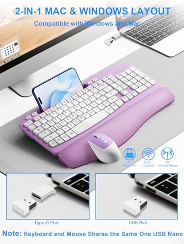 Hayyiesh Ergonomic Wave Keys Wireless Keyboard and Mouse Combo, Full Size with Memory Foam Wrist Rest & Phone Holder, 2.4G Cordless Set with USB-C Adapter for Windows Mac Desktop Laptop (Purple)
