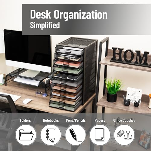 Mind Reader 10-Drawer Desk Organizer for Office Supplies, Crafts, Mail Sorting & More, Metal Mesh, Black
