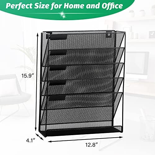 EASEPRES Desk File Organizer Mesh 6-Tier, Hanging Wall Mount Document Organization Stand, Desktop Vertical Mail Paper Folder Holder Rack with Bottom Tray for Office Home Cubicle Countertop, Black