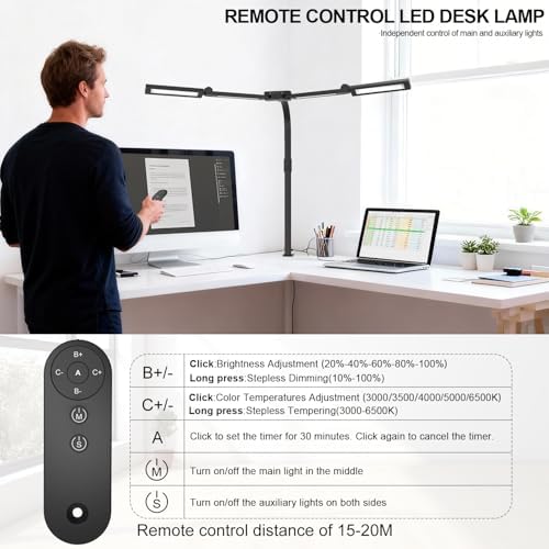 24W Bright Led Desk Lamp with Remote, 1500LM Architect Desk Light for Home Office with 4 Adjustable Light Bars & Clamp, Gooseneck Tall Drafting Table Lighting for Computer Monitor Hobby Puzzle