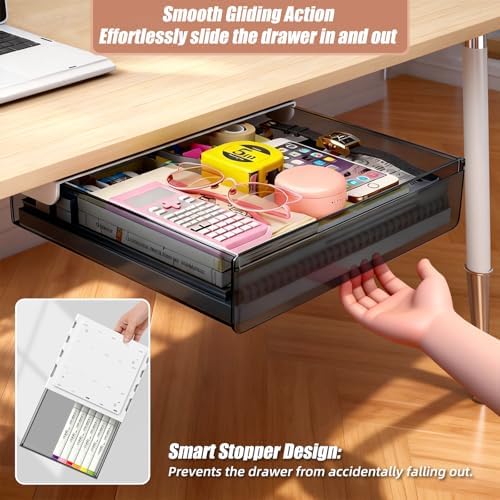 3 Pack Under Desk Drawer Slide Out Storage Organizer, Transparent Black Hidden Desktop Drawer Attachment with 3 Sizes (S/M/L), Adhesive or Screw-Mount Table Tray for iPads, Journals & Desk Accessories