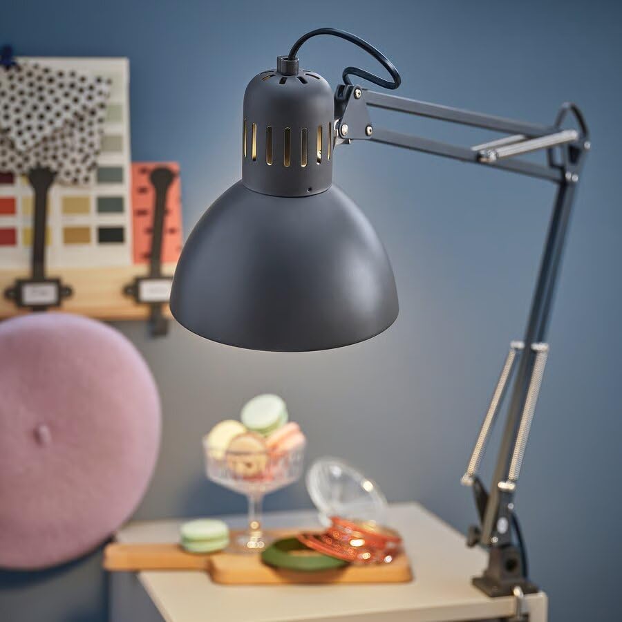 Adjustable Swing Arm Desk Lamp, Dark Gray Steel, 7 Inch Shade, LED Compatible, with Clamp Mount, 4.9 Ft Cord