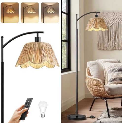 Oneach Boho Floor Lamp with 3 Color Temperatures, Farmhouse Floor Lamps for Living Room with Remote & Dimmable Bulb, Rattan Floor Lamp for Bedroom, Black