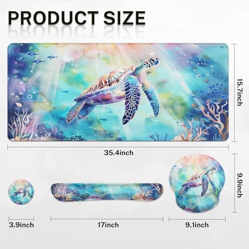 Britimes Keyboard Mouse Pad Set, 4 in 1 Desk Mat Set, Sea Turtle Cute