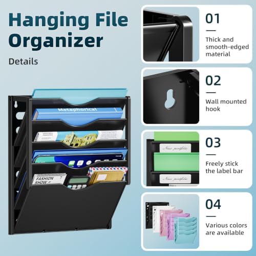 Marbrasse 5 Tier Wall File Organizer, Plastic Hanging File Holder for Mail, Magazines Paper Organizer Wall Mounted for Office Home (Black)