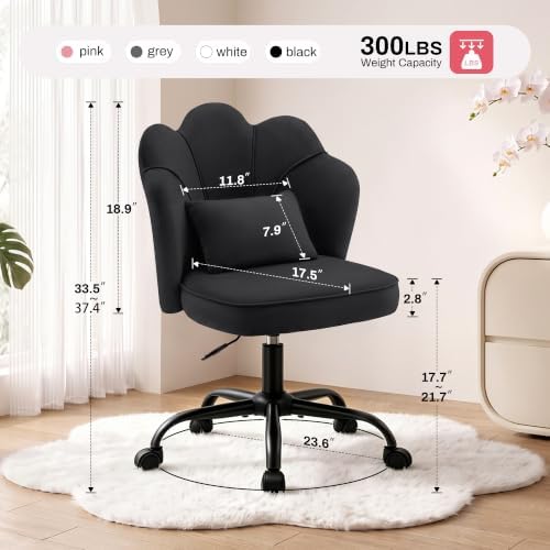 Vanity Chair with Wheels, Swivel Velvet Makeup Desk Chair, Black