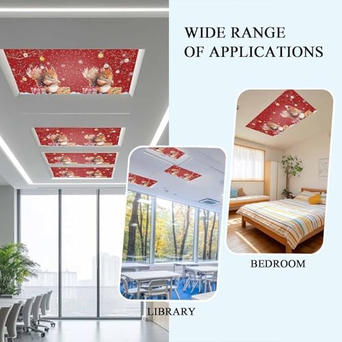 1 Pcs Fluorescent Light Covers for Ceiling Lights,Cute Squirrel Christmas Snowflake on Red,Magnetic Light Filters Drop Fluorescent Lights Shade for Office Xmas Bell on Branch
