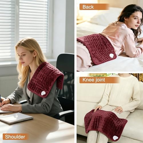 Electric Heating pad for Back Neck Shoulder Knee Arms Legs- Electric Heat Pads with 6 Heat Settings & Auto Shut Off &Dry/Moist Heat Heating Pad for Birthday Mother Father Girl Men Women, Dark Red