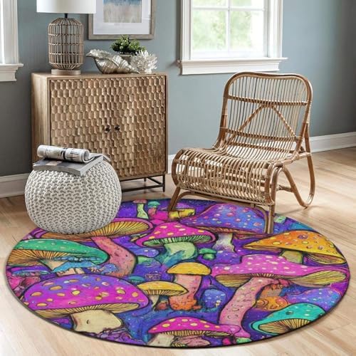 Large Round Area Rug Home Decor Modern Bathroom Rug Kitchen Office Circle Rug for Living Room Sofa Circle Cute Mat Trippy Colorful Mushrooms Magic Art, 24inch