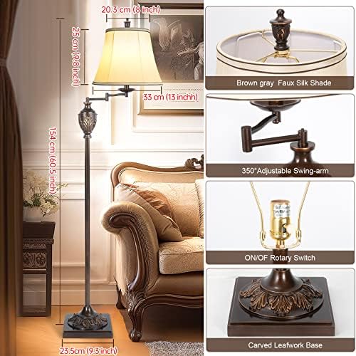 Traditional Floor Lamp with 350° Swing Arm,3 Color Temperatures,Dark Brown