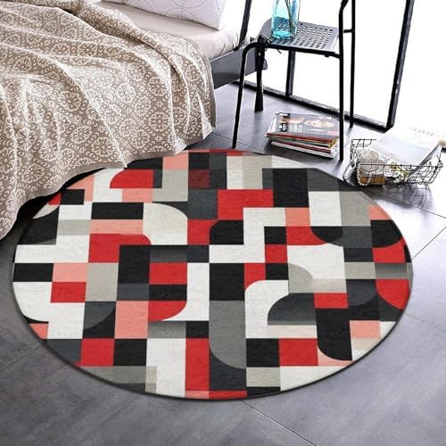 Large Home Decor Mat, Soft Round Yoga Carpet, Non Slip Machine Washable Kitchen Office Circle Rug Red Black Grey White Art