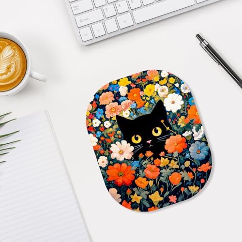 Small Mouse Pad, 6 x 7 Inch, Oval Mini Mouse Pad with Non-Slip Rubber Base for Laptop Wireless Mouse Keyboard Tray Mousepad, Cute Black Cat