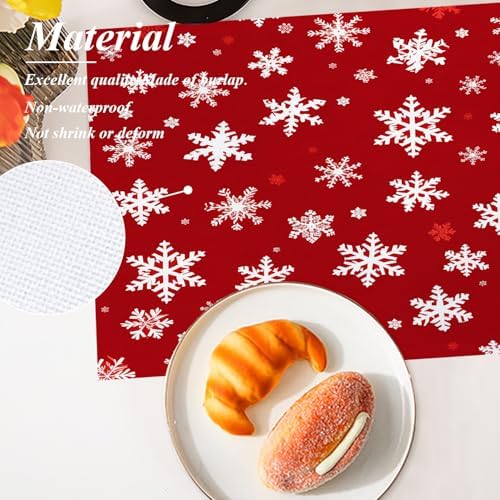 Shrahala Christmas White Snowflakes Set of 8 12 X 18 Inch Linen Placemats, Red Background Cute Burlap Table Mat Washable Double Layered Heat Insulation for Indoor/Outdoor
