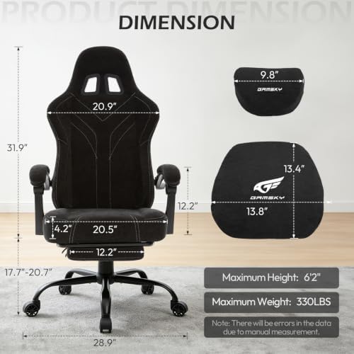 Ergonomic Gaming Chair for Adults - Comfortable Office Computer Chair with 20.5” Wide Seat, Adjustable Video Game Chair with Footrest and Lumbar Support for Home Office, Black