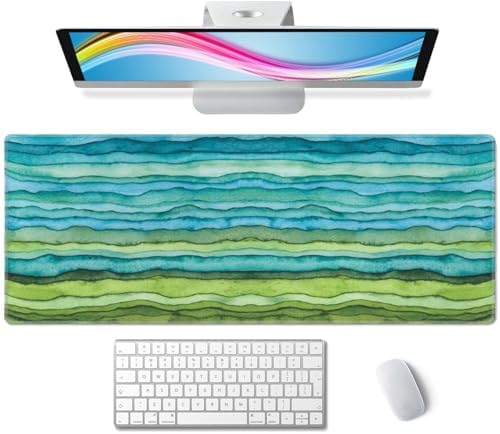 Waves Desk Mat Blue and Green Large Mouse Pad Desk Pad Desk Accessories for Women Men Office Decor, XL Mousepad Long Laptop Keyboard Mouse Mat 31.5''X11.8'' Non-Slip Rubber Base with Stitched Edges