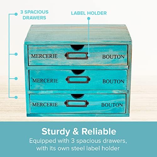 Turquoise 3-Tier Drawer Unit - European Country Style Desk Organizer Box - 9.7x7x7.5" Wooden Teal Stackable Drawers - Countertop Organizer Drawers w/Label Holder - Triple File Drawer Unit