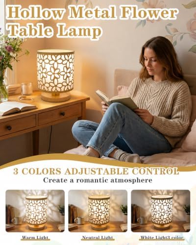 Green Small Table Lamp, LED Cutout Metal Bedside Lamp with 3 Color Temperatures for Office, Living Room, Bedroom, Dorm (Gold)