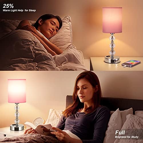 Pink Touch Bedside Lamps for Bedrooms - Crystal Table Lamp with USB C+A Charging Port and AC Outlet Nightstand, 3 Way Dimmable Silver Small End Side Table Lamp for Living/Guest/Dinning Room/Kitchen