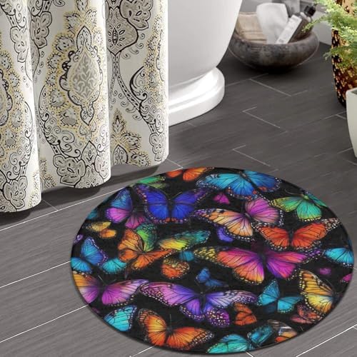 Large Round Area Rug Home Decor Modern Bathroom Rug Kitchen Office Circle Rug for Living Room Sofa Circle Cute Mat Colorful Butterflies Butterfly Art, 36inch