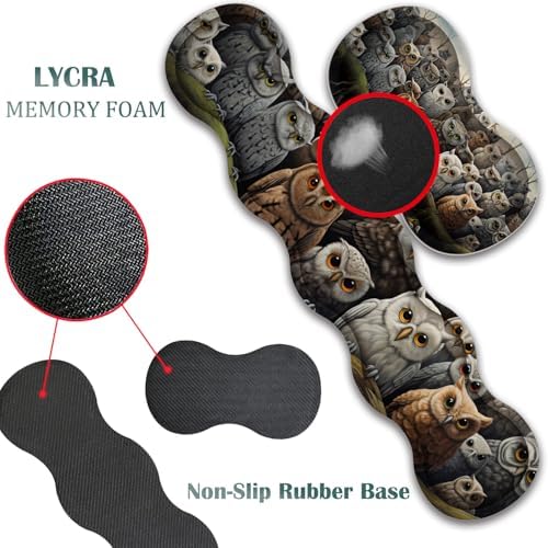 4 in 1 Mouse Pad Combo, Large Gaming Mouse Pad + Keyboard Wrist Support + Mouse Wrist Rest + Coaster, Table Pad 31.5 "x 11.8" with Memory Foam Ergonomic Wrist Pad Set, Many Owl