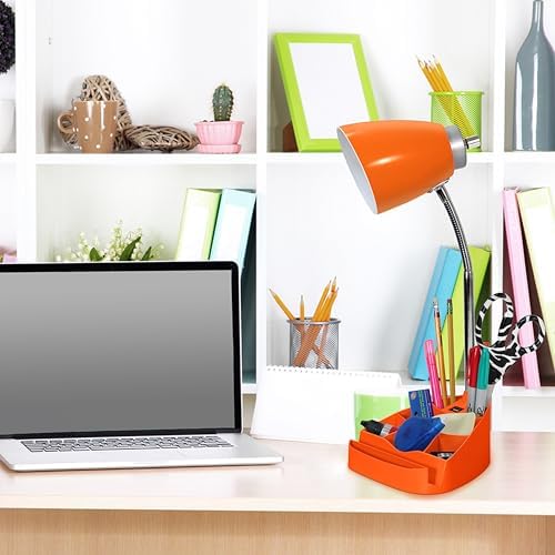 Simple Designs LD1093-ORG 18.5" All-in-One Gooseneck Desk Lamp with iPad Stand, Book Holder, and Convenient USB Port, for Office, Bedroom, Living Room, Orange