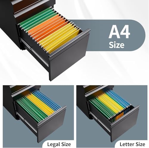Guizeeopo Filing Cabinets for Home Office, Mobile File Cabinet with Lock, 3 Drawer Filing Cabinet for A4/Letter/Legal Size Folder, Fully Assembled Except Casters, Matte Black