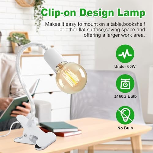 Clip on Desk Lamp, White Clip Lamp Holder with 220 CM Switch and Plug Cable, Clamp Light Socket with Metal Clamp, 9-350 MM Thickened Lengthened Gooseneck Light, E27 Lamp Holder, for Home Office