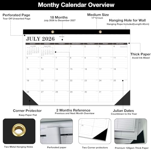 2026-2027 Desk Calendar - 18 Month Desk Calendar 2026-2027, Jul 2026 - Dec 2027, 17" x 12", Large Monthly Desktop Calendar with Daily Blocks, Thick Paper, Corner Protectors - (2 Stickers Included)