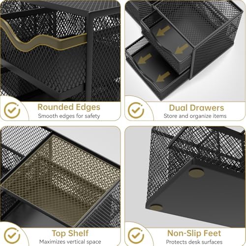 Mesh Desk Organizer with 2 Drawers and 5 Compartments, Pen Holder for Desk