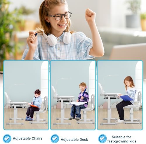 Rengue Kids Desk and Chair Set, Height Adjustable Children School Functional Study Desk with 55° Tiltable Desktop, 3 Modes & Brightness LED Light, Storage Drawer & Metal Hook for Boys Girls (Grey)